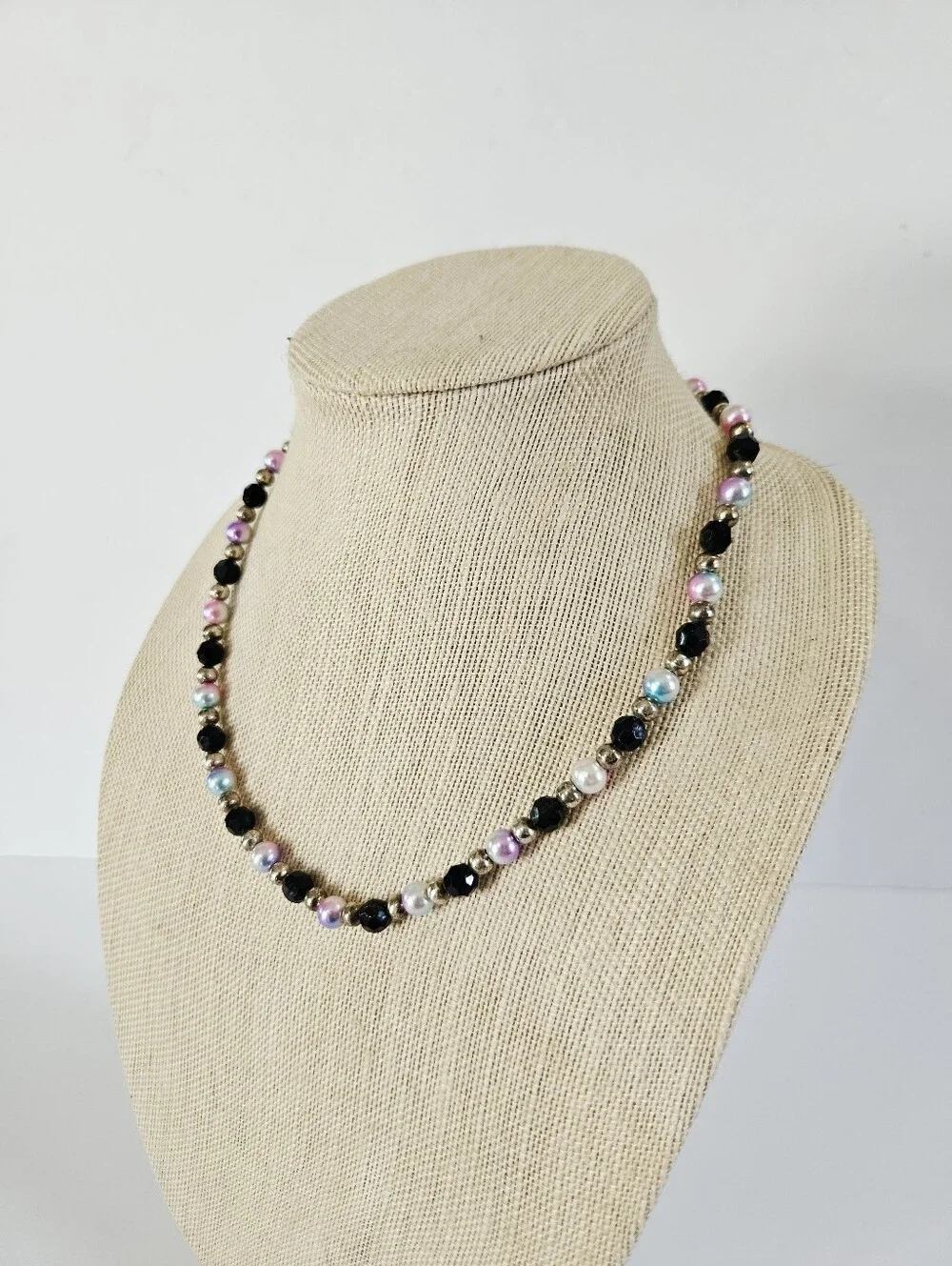 Vintage Beaded Crystal Faceted Lucite Pastel Faux Pearl Screw Clasp Necklace